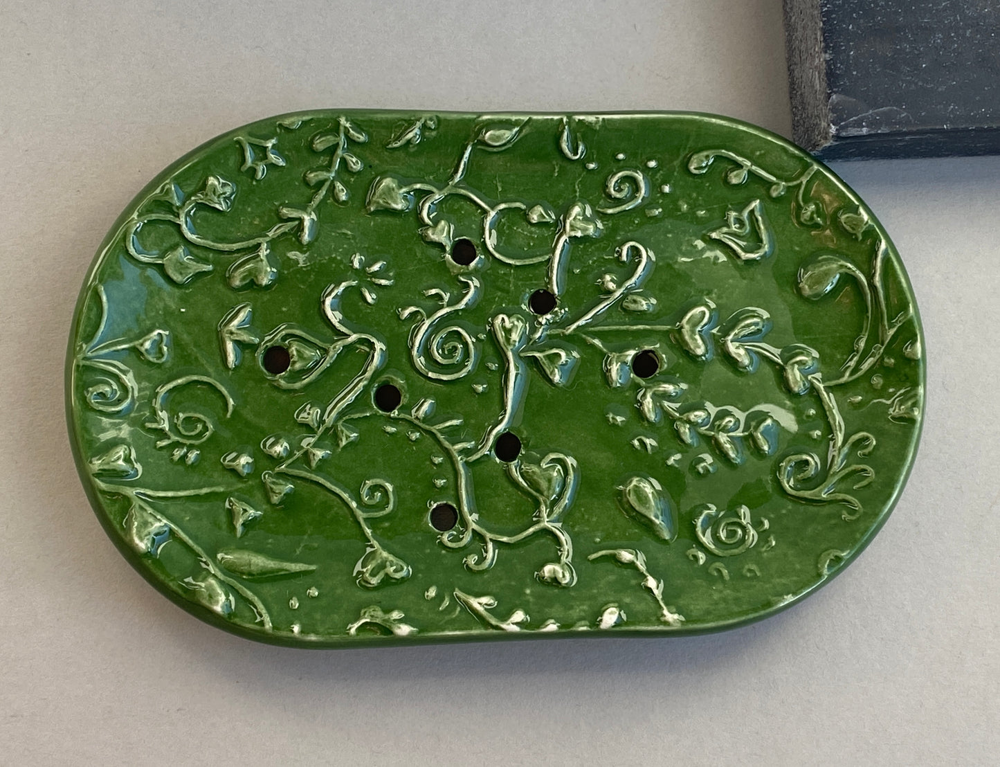 Handmade Oval Ceramic Botanical Soap Dish large