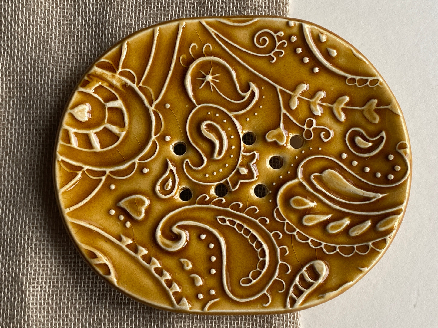 Soap Dish Handmade Ceramic -Paisley design Amber colour