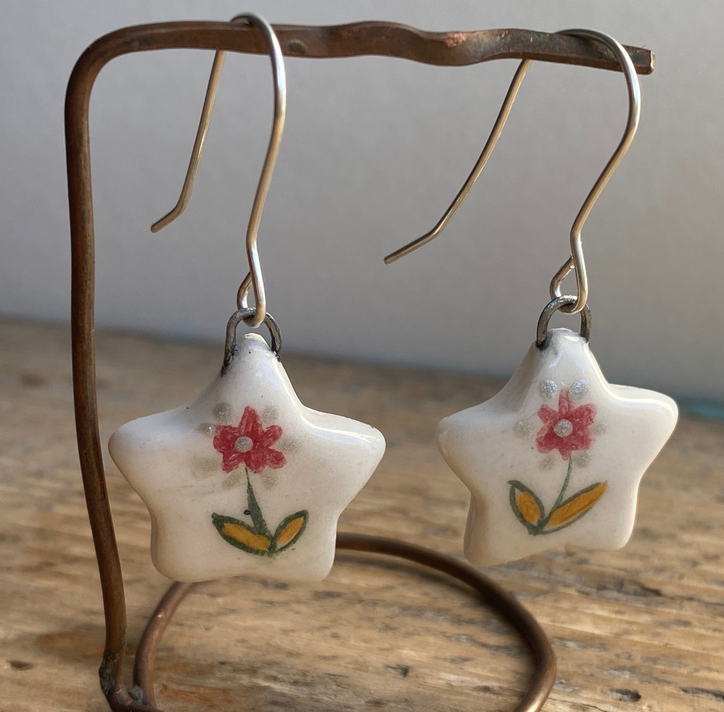 Folk Art Red Flower Handmade Dangly Earrings with Sterling Silver