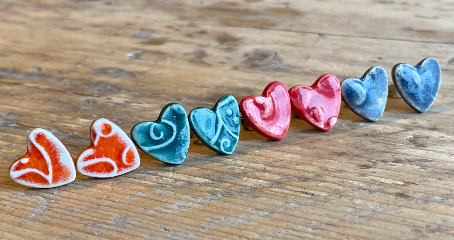 Handmade Heart stud Earrings, sterling silver, choice of colours