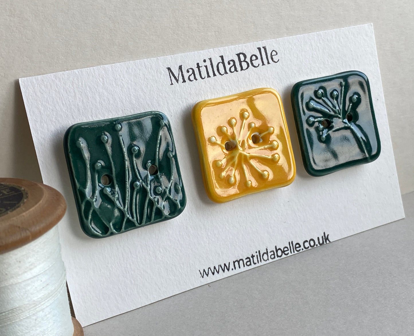 Buttons set of Three 33mm Botanical handmade Square Ceramic Buttons