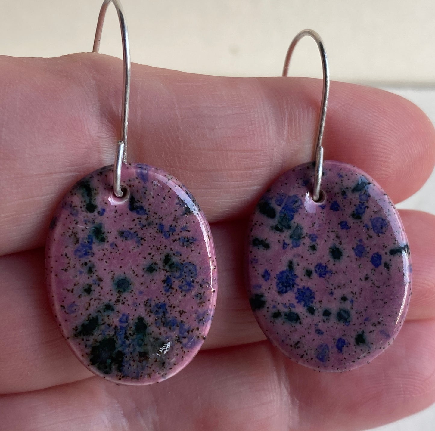 Ceramic Contemporary Dangle Earrings - Purple Blast Glaze - Handmade Recycled Silver Wires