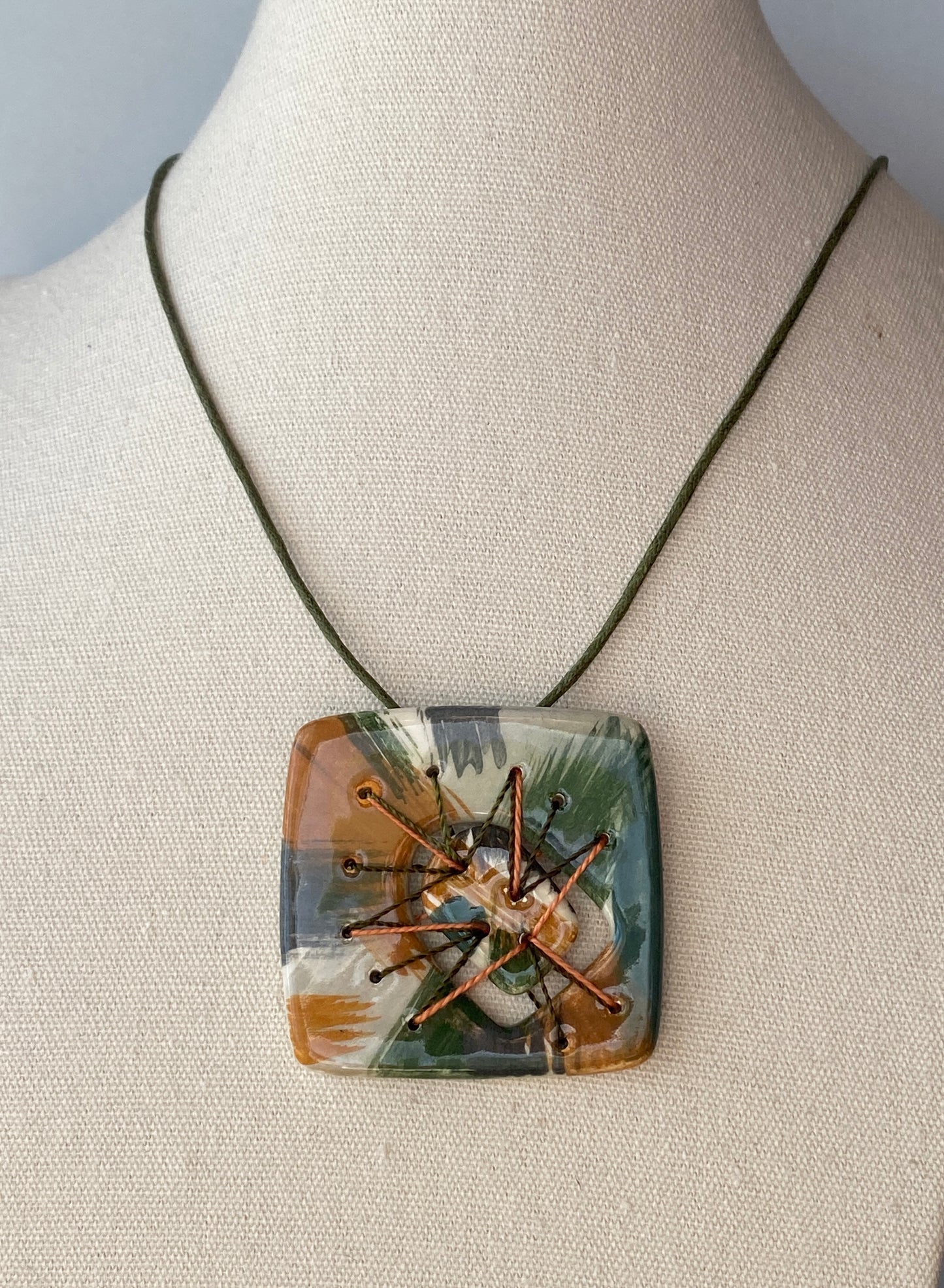 Handmade Statement Pendant Necklace with stitched Fragment