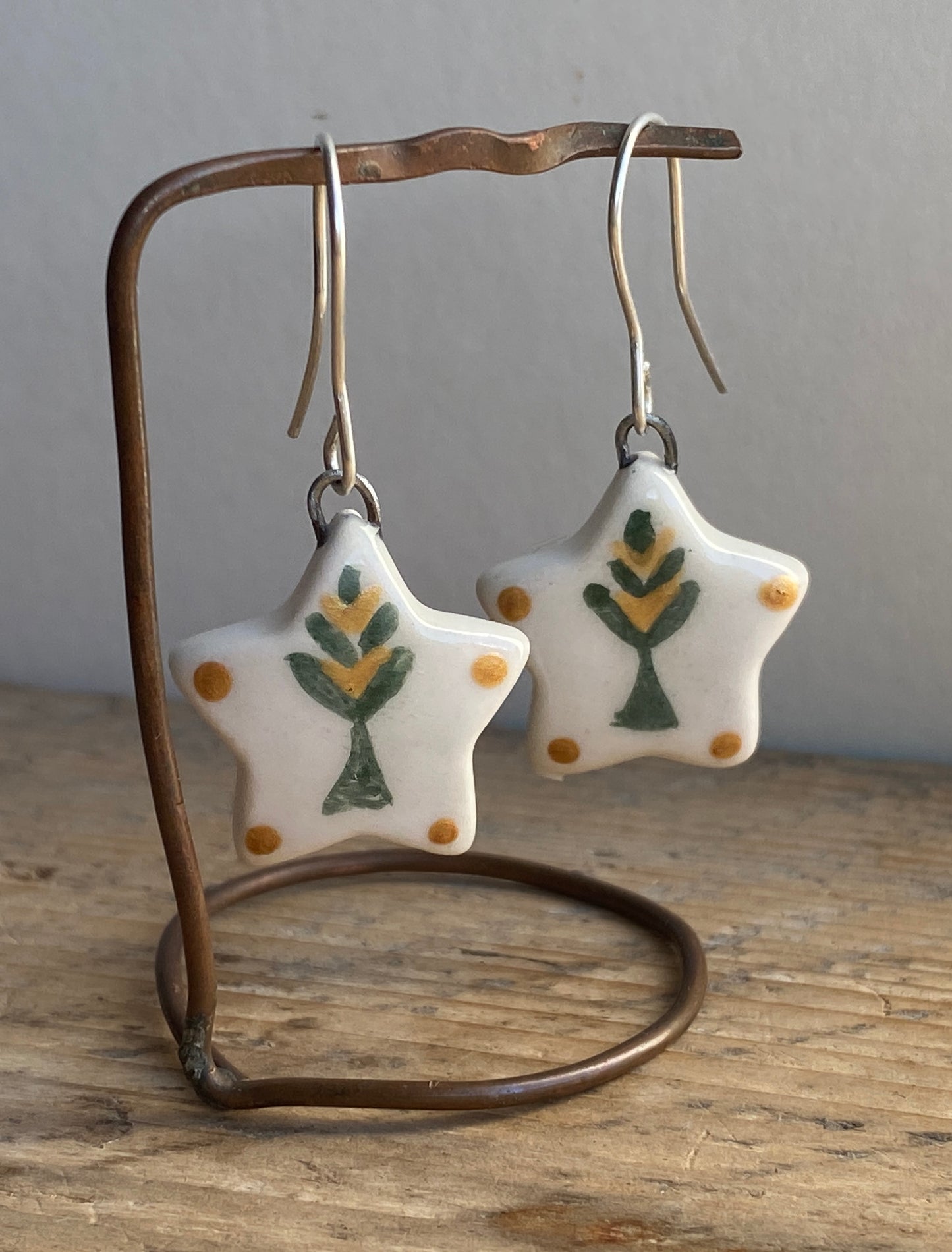 Folk Art Green Tree Handmade Dangly Earrings with Sterling Silver