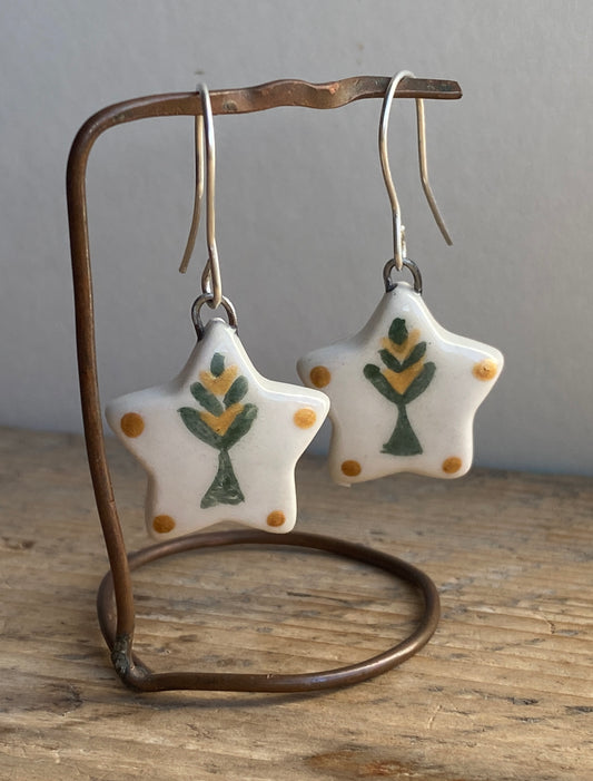 Folk Art Green Tree Handmade Dangly Earrings with Sterling Silver