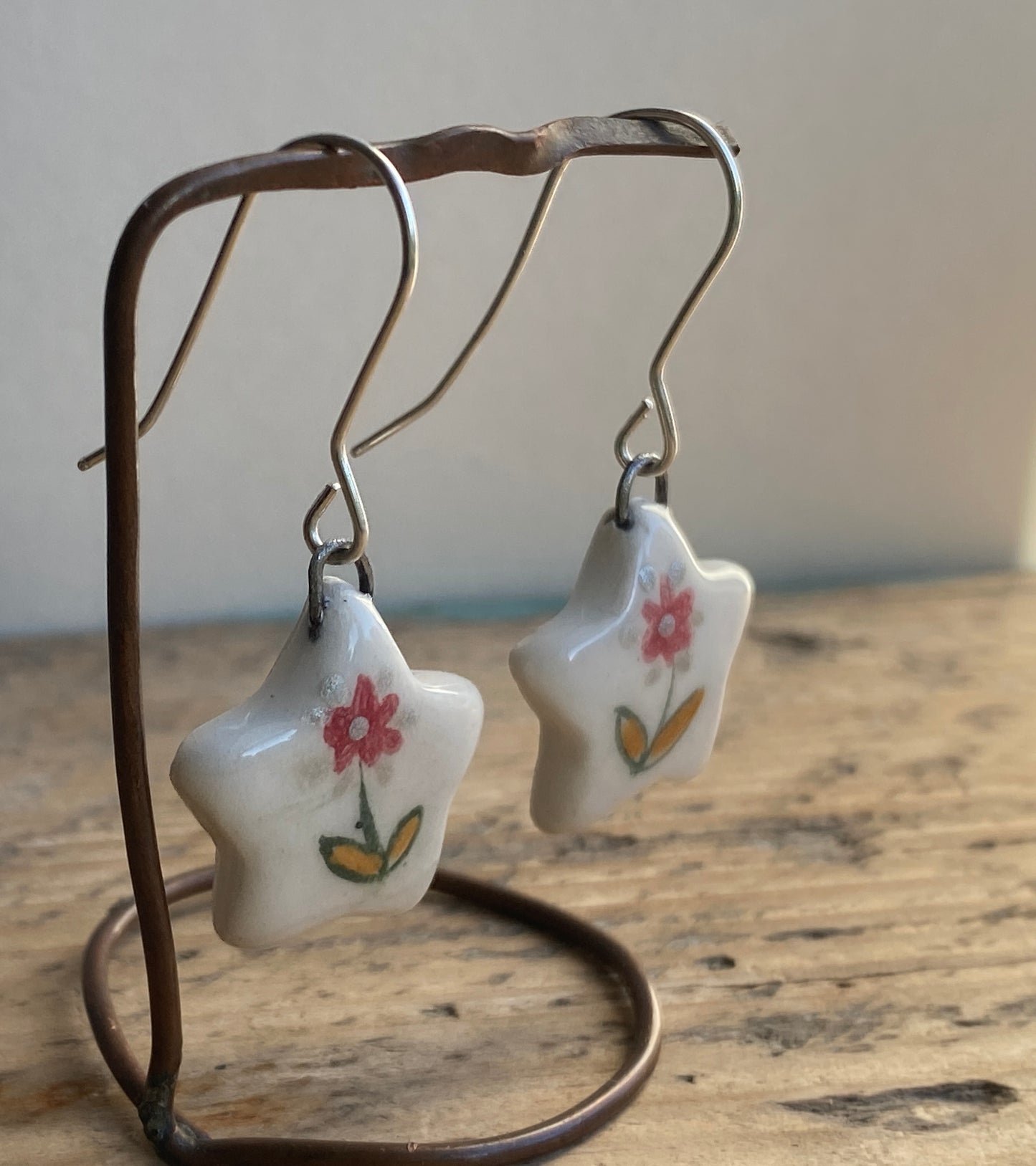 Folk Art Red Flower Handmade Dangly Earrings with Sterling Silver