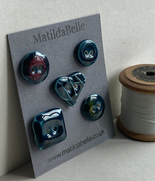 Buttons set of 5 mixed handmade Ceramic Buttons Blue mix