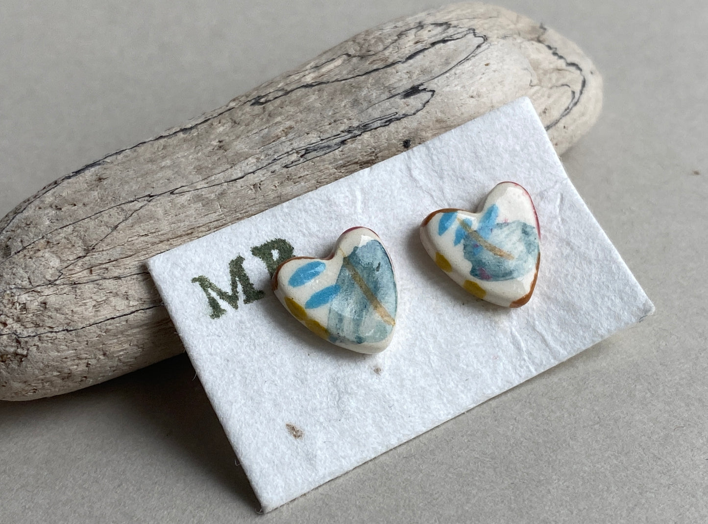 Heart Stud earrings handmade ceramic with Sterling Silver, coastal vibe
