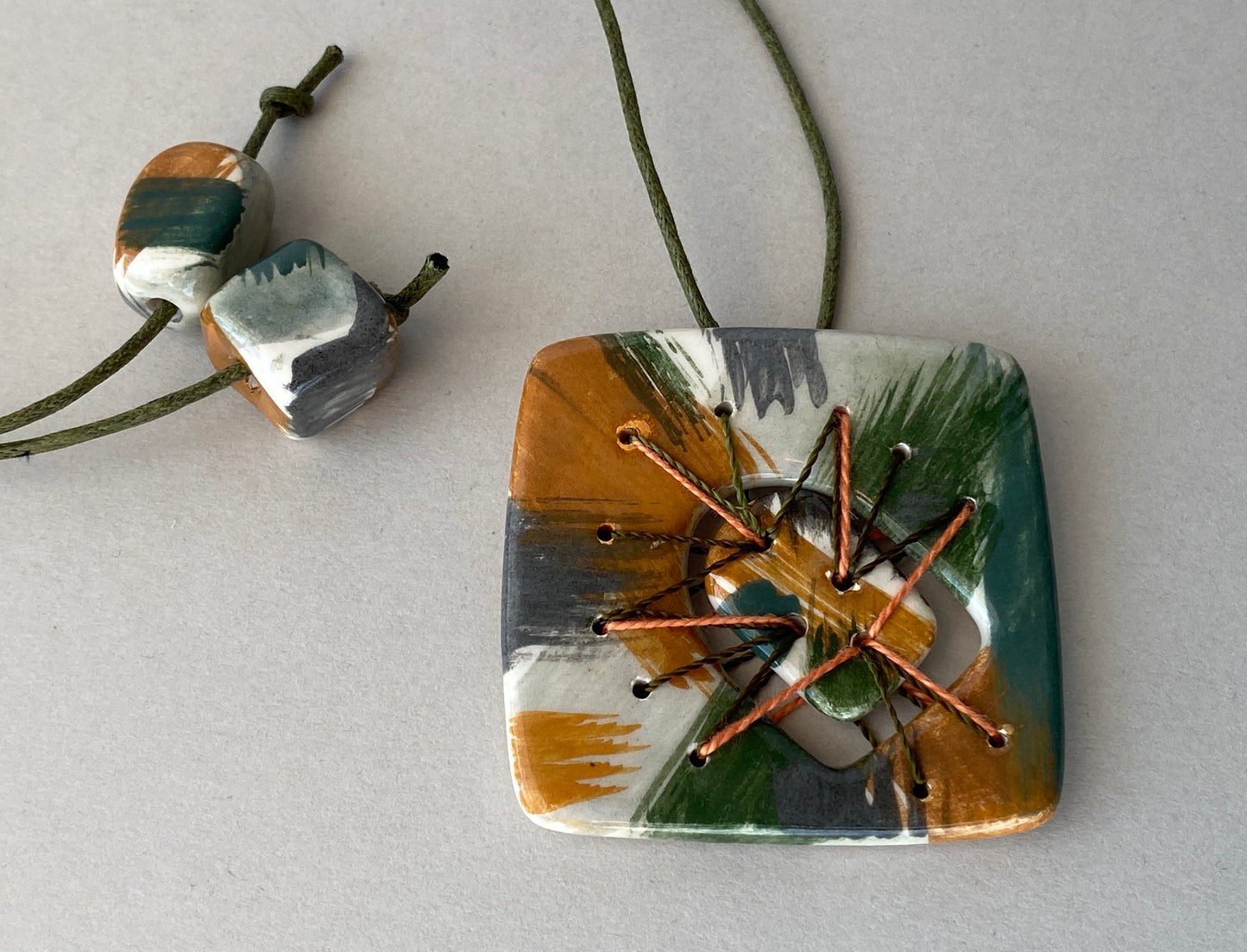 Handmade Statement Pendant Necklace with stitched Fragment