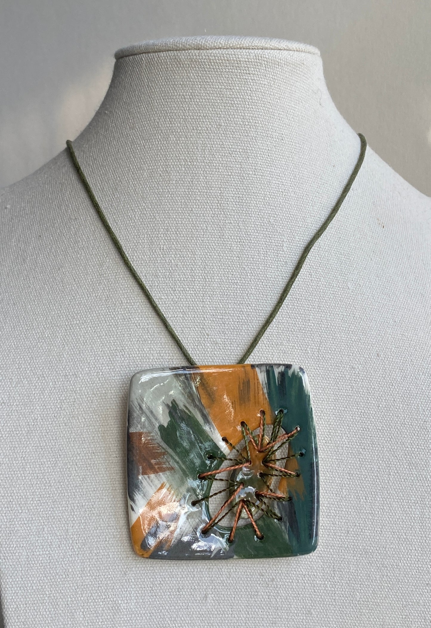 Handmade Ceramic Stitched Pendant Necklace Earthy Tones