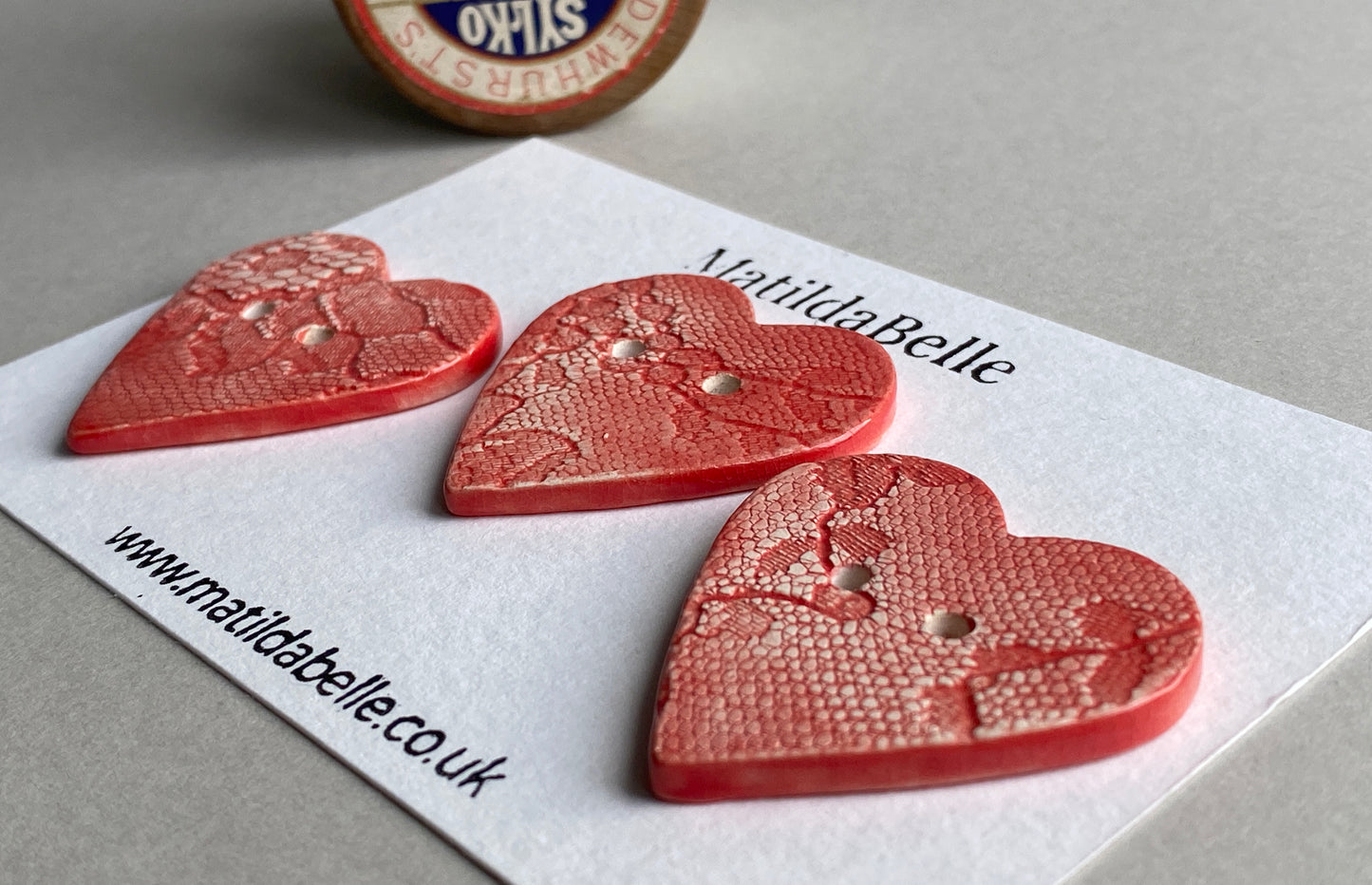 Handmade 38mm Ceramic heart Buttons Large Vintage red Lace