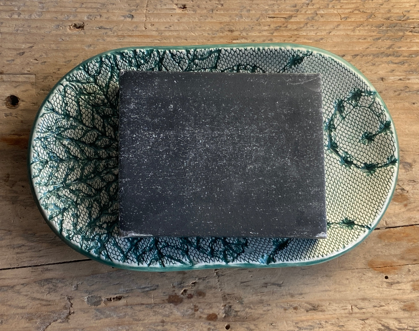 Handmade Green Ceramic Soap Dish with Drainage ,large oval