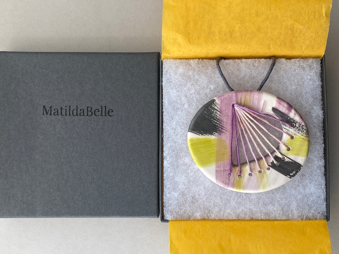 Handmade Ceramic Stitched Pendant Necklace large Oval Lilac and Lime