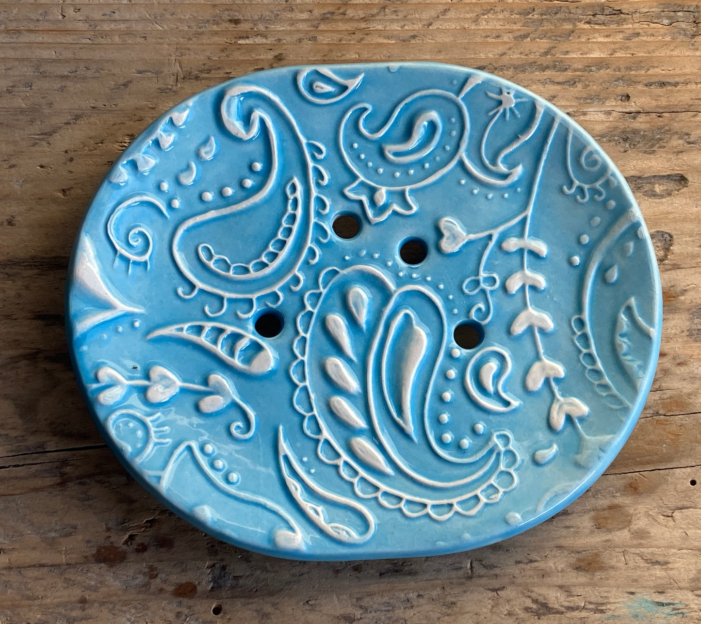 Soap Dish Handmade Ceramic -Paisley design Sky Blue