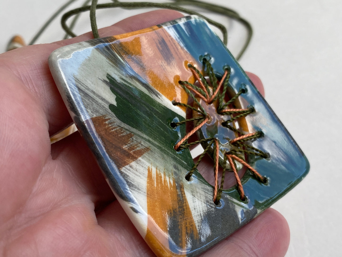 Handmade Ceramic Stitched Pendant Necklace Earthy Tones