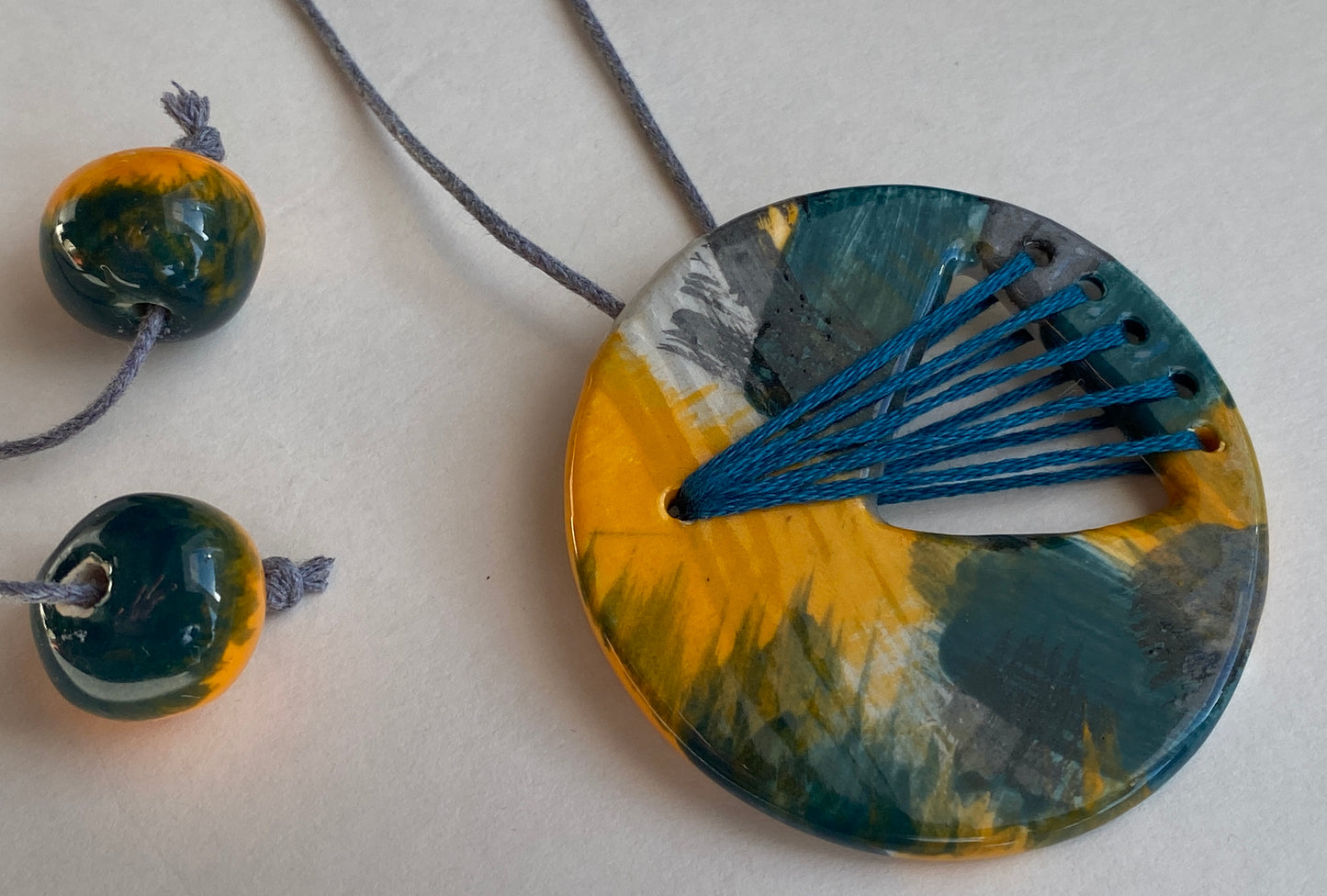 Handmade Ceramic Statement Pendant Necklace Round, Teal and Orange