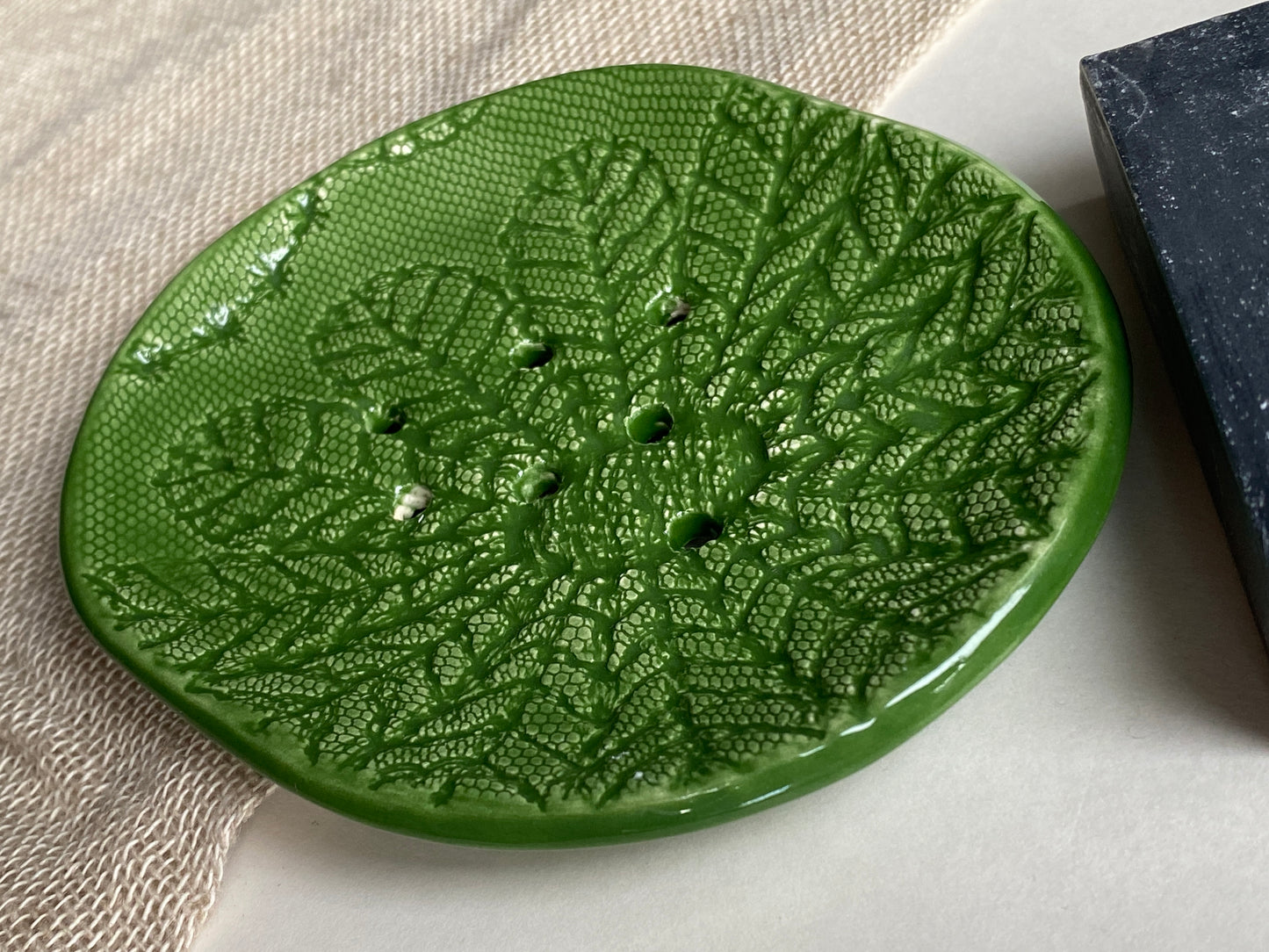 Handmade soap Dish with drainage rich green