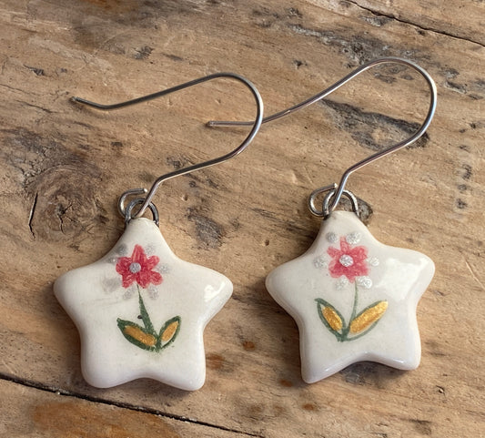 Folk Art Red Flower Handmade Dangly Earrings with Sterling Silver