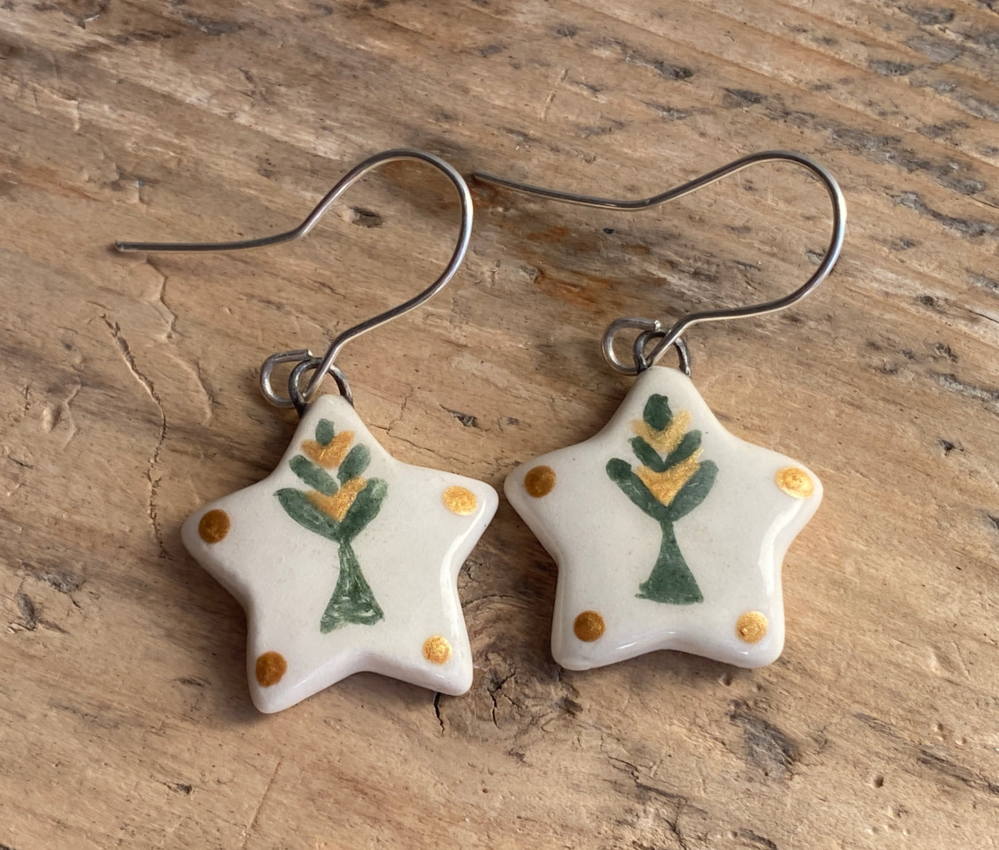 Folk Art Green Tree Handmade Dangly Earrings with Sterling Silver