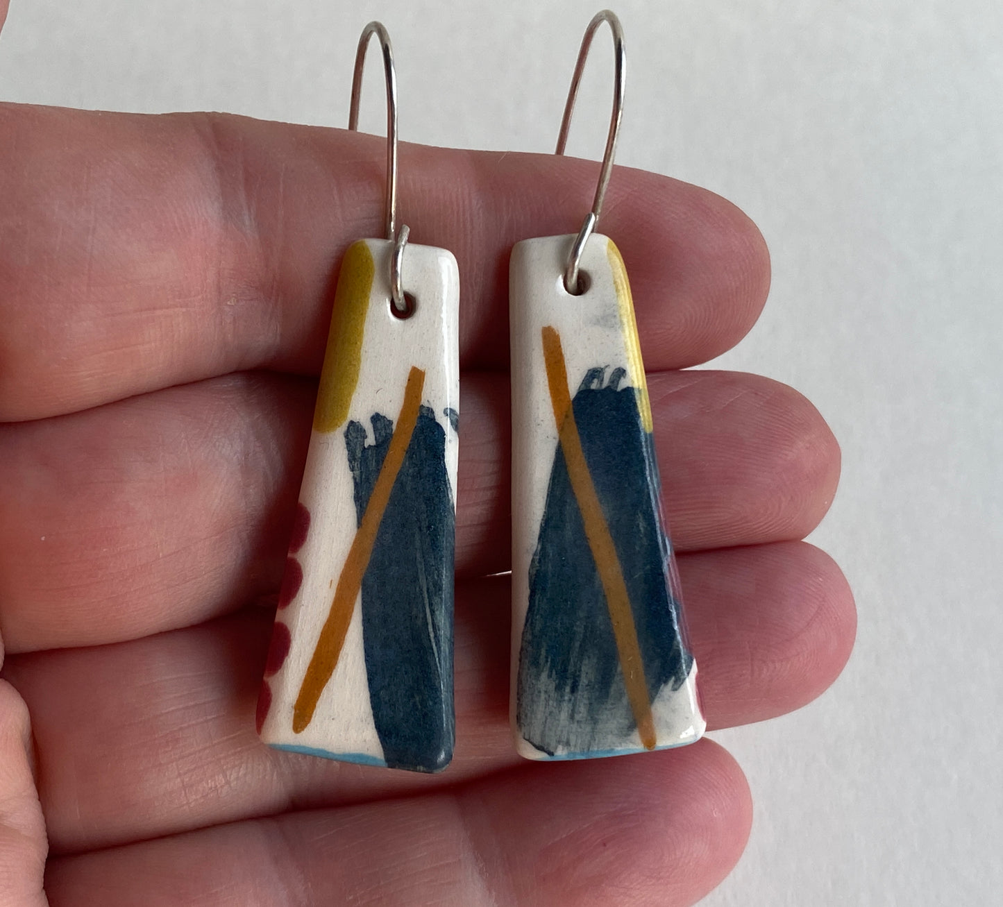 Ceramic painterly Dangle Earrings - Navy Blue Glaze - Handmade Recycled Silver Wires