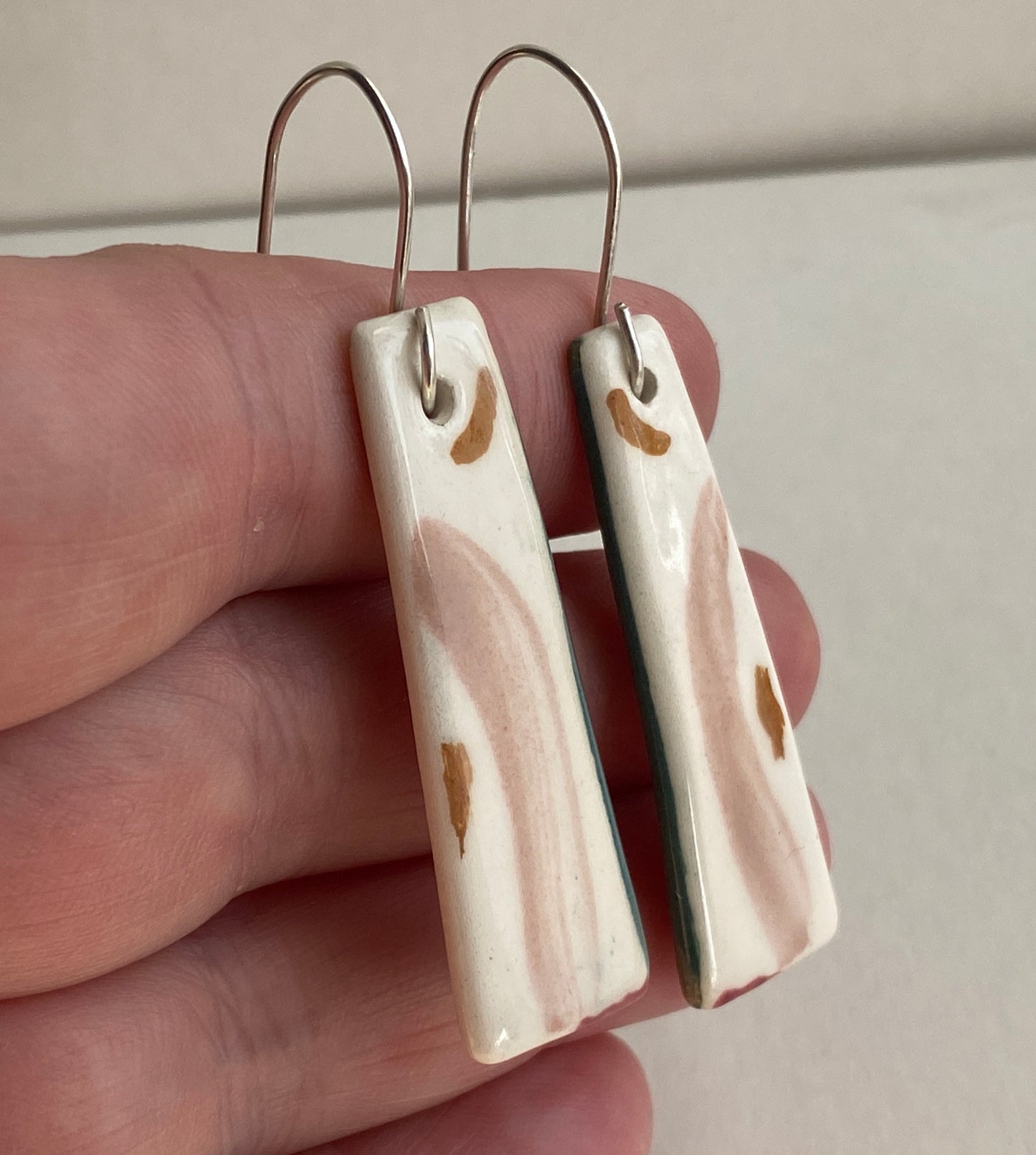 Ceramic painterly Dangle Earrings - Dusky Pink Glaze - Handmade Recycled Silver Wires