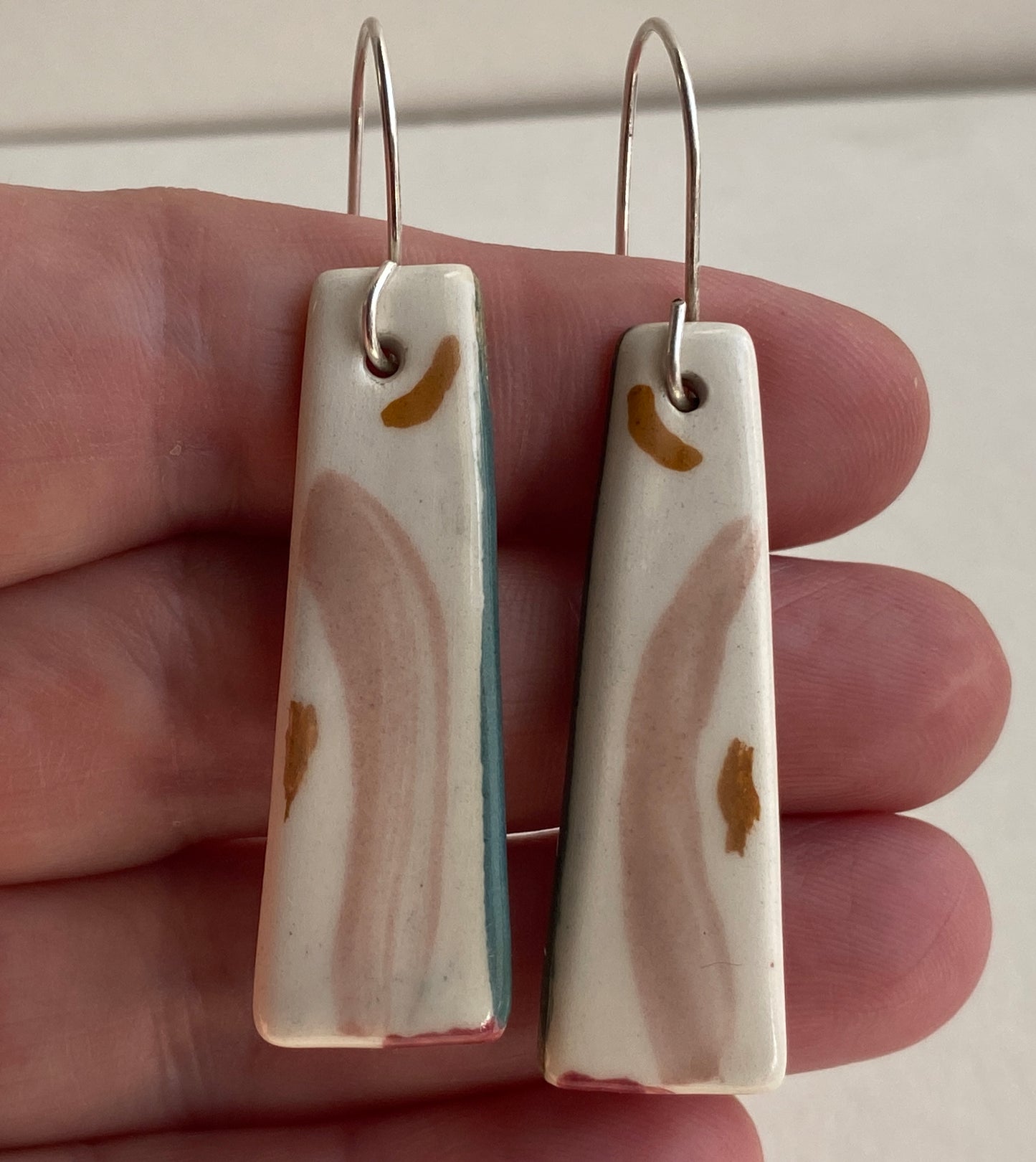 Ceramic painterly Dangle Earrings - Dusky Pink Glaze - Handmade Recycled Silver Wires
