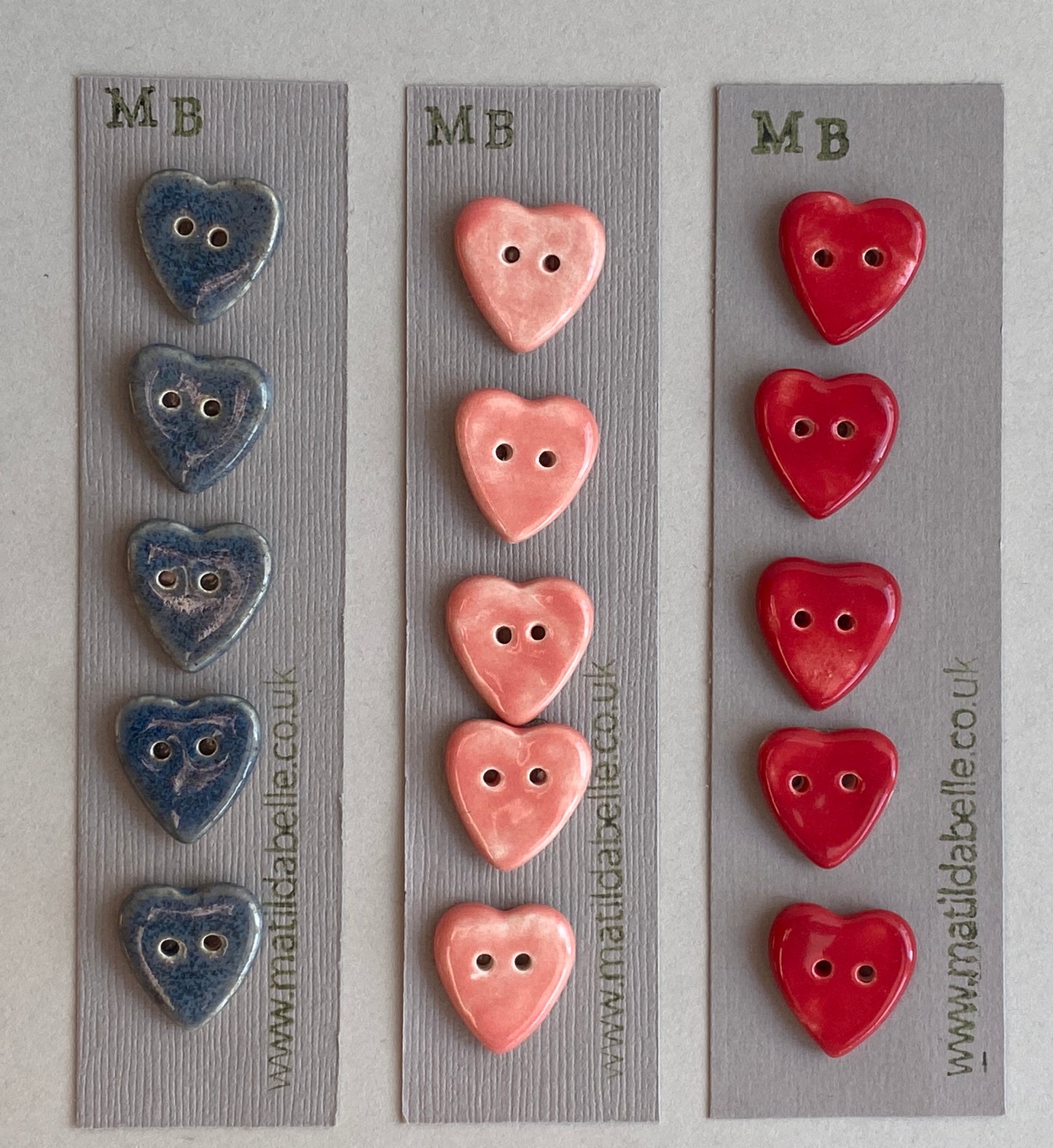 Buttons set of five Hearts 18mm handmade ceramic buttons