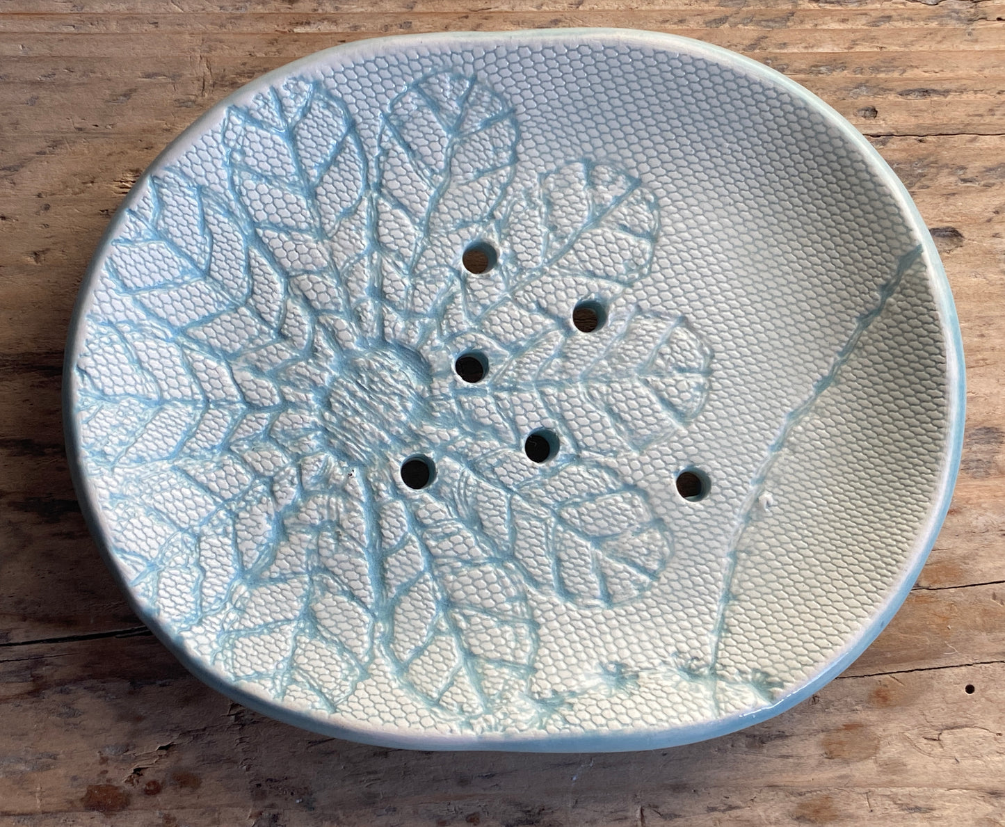 Handmade Oval Soap Dish with Drainage, Soft Sea Green