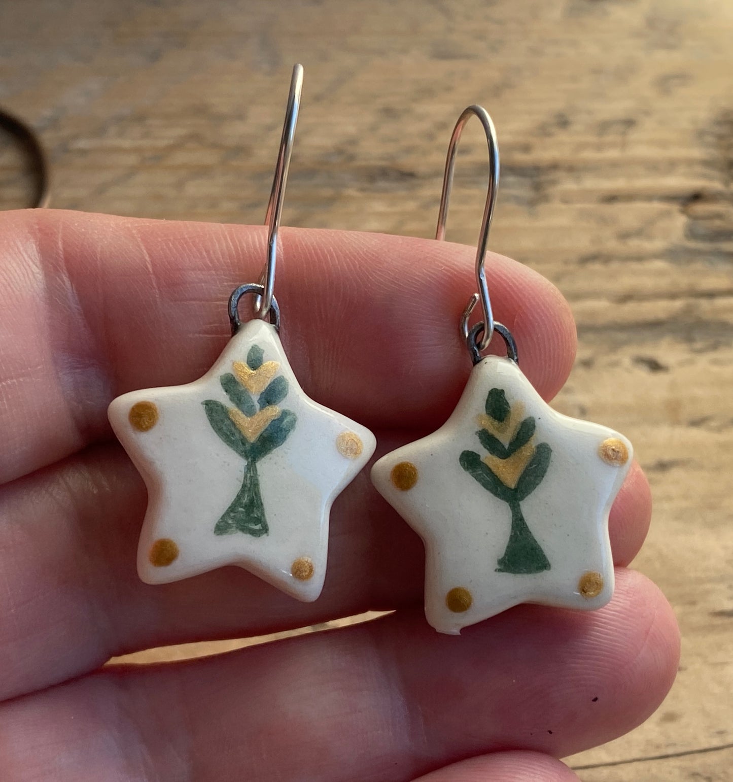 Folk Art Green Tree Handmade Dangly Earrings with Sterling Silver