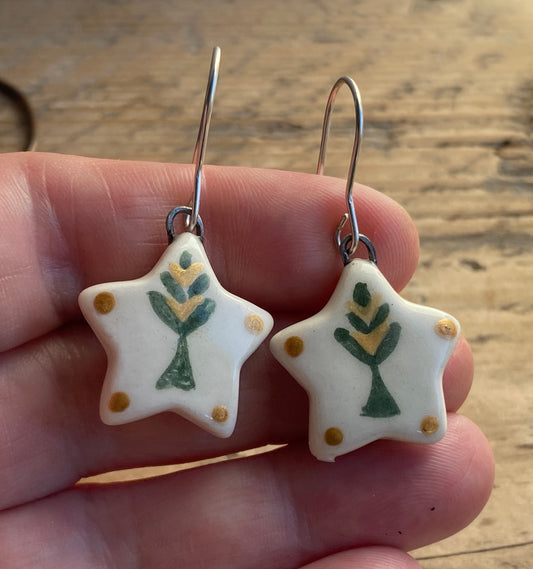 Folk Art Green Tree Handmade Dangly Earrings with Sterling Silver