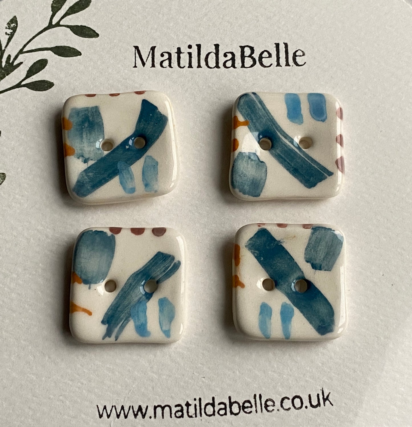 25mm Buttons Handmade square set of 4, Coastal Blues