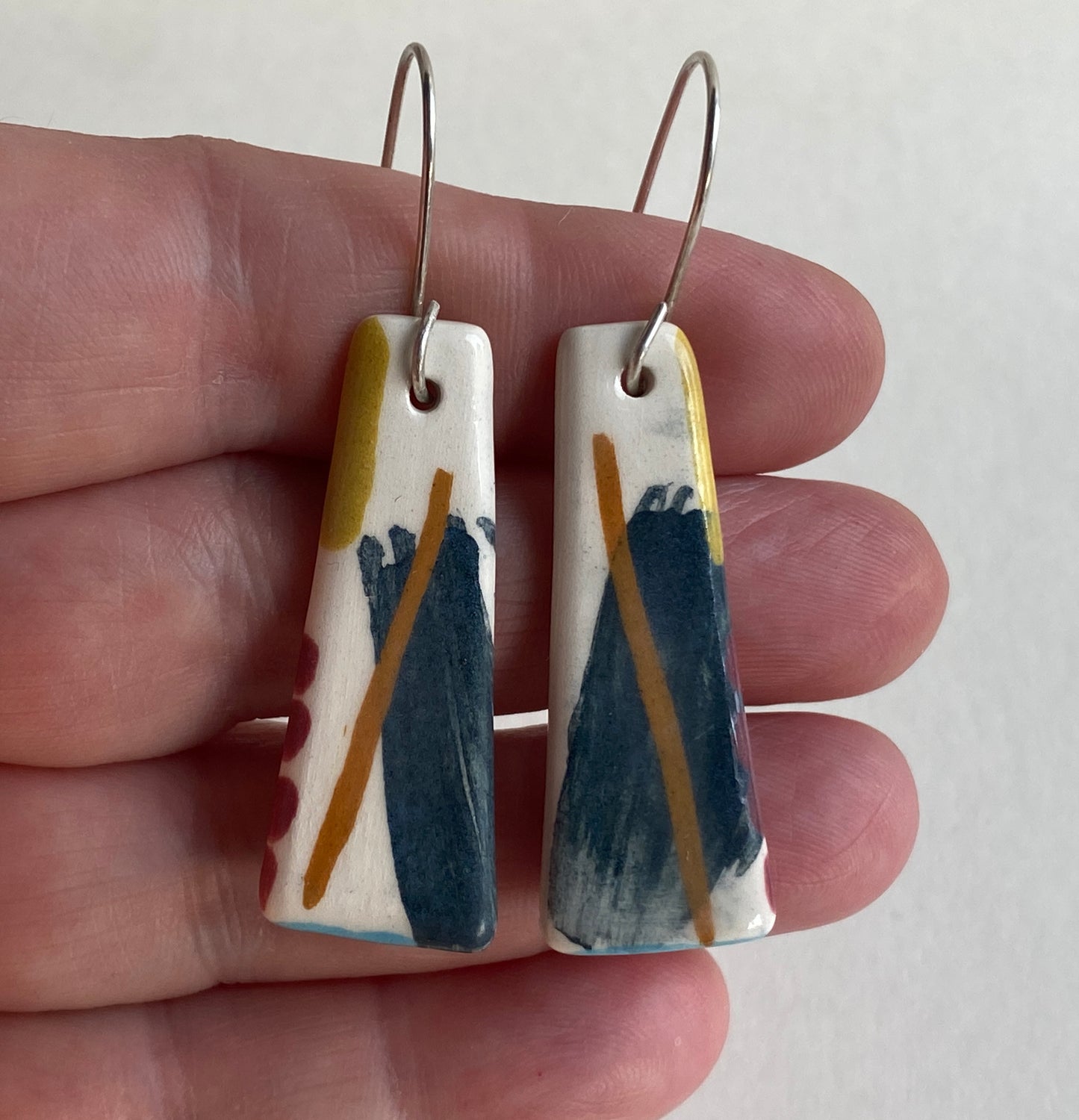 Ceramic painterly Dangle Earrings - Navy Blue Glaze - Handmade Recycled Silver Wires