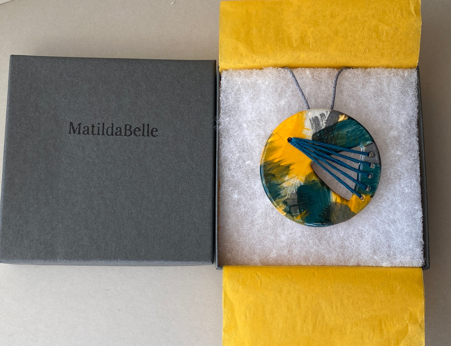 Handmade Ceramic Statement Pendant Necklace Round, Teal and Orange