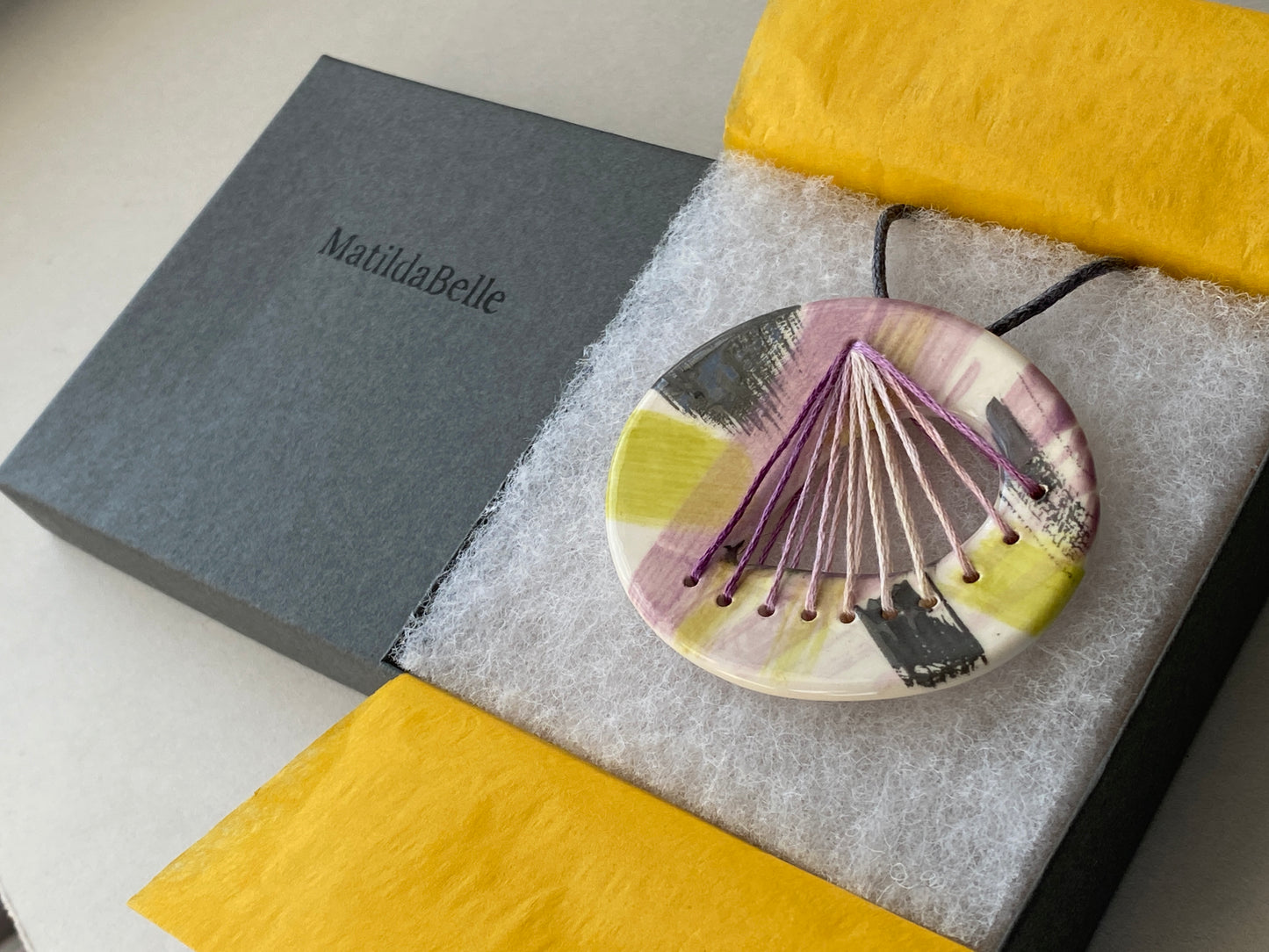 Handmade Ceramic Stitched Pendant Necklace large Oval Lilac and Lime