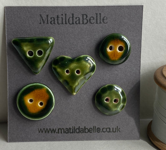 Buttons Set of 5 Mixed Handmade Ceramic Buttons Green Mix