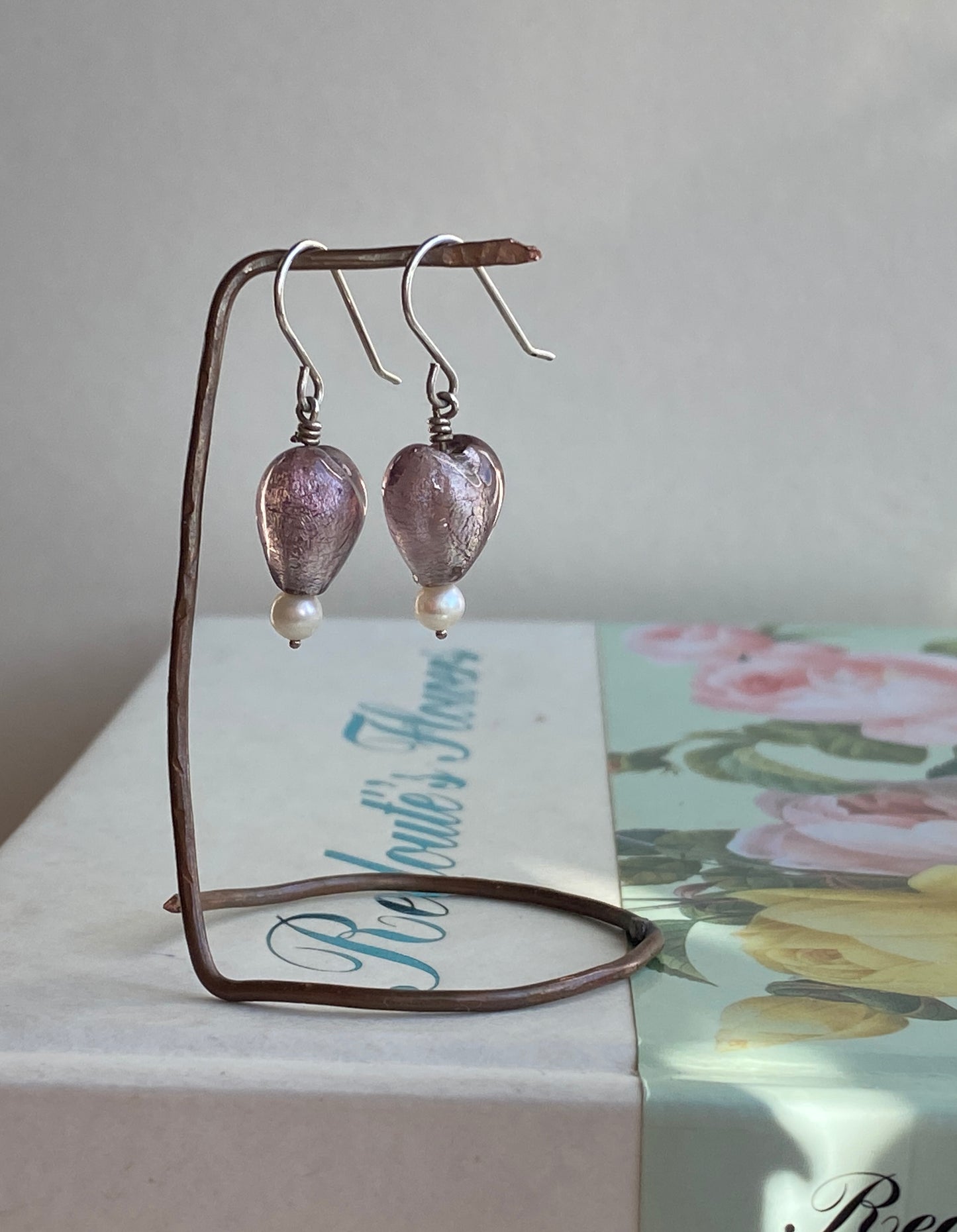 Glass Heart Silver drop Earrings with pearls