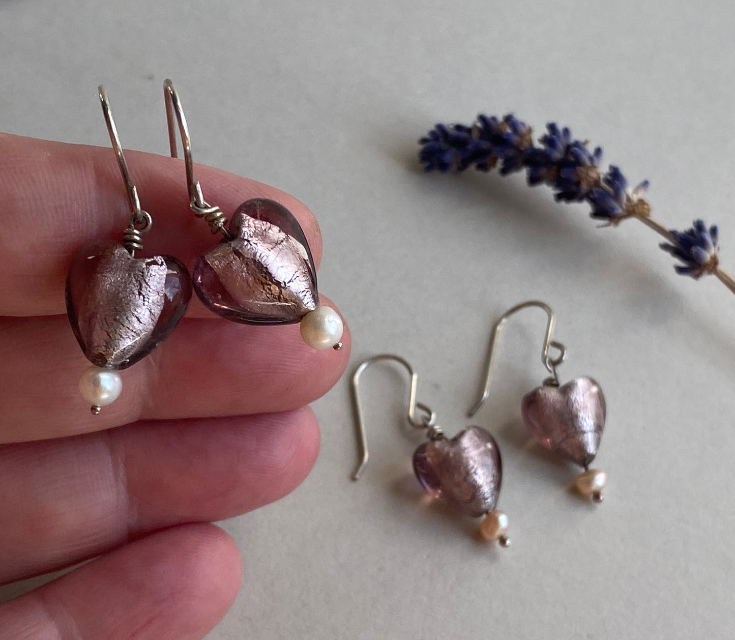 Glass Heart Silver drop Earrings with pearls