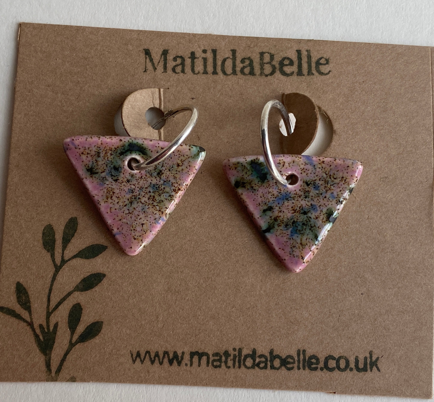 Silver Hoops with Purple glazed ceramic triangles