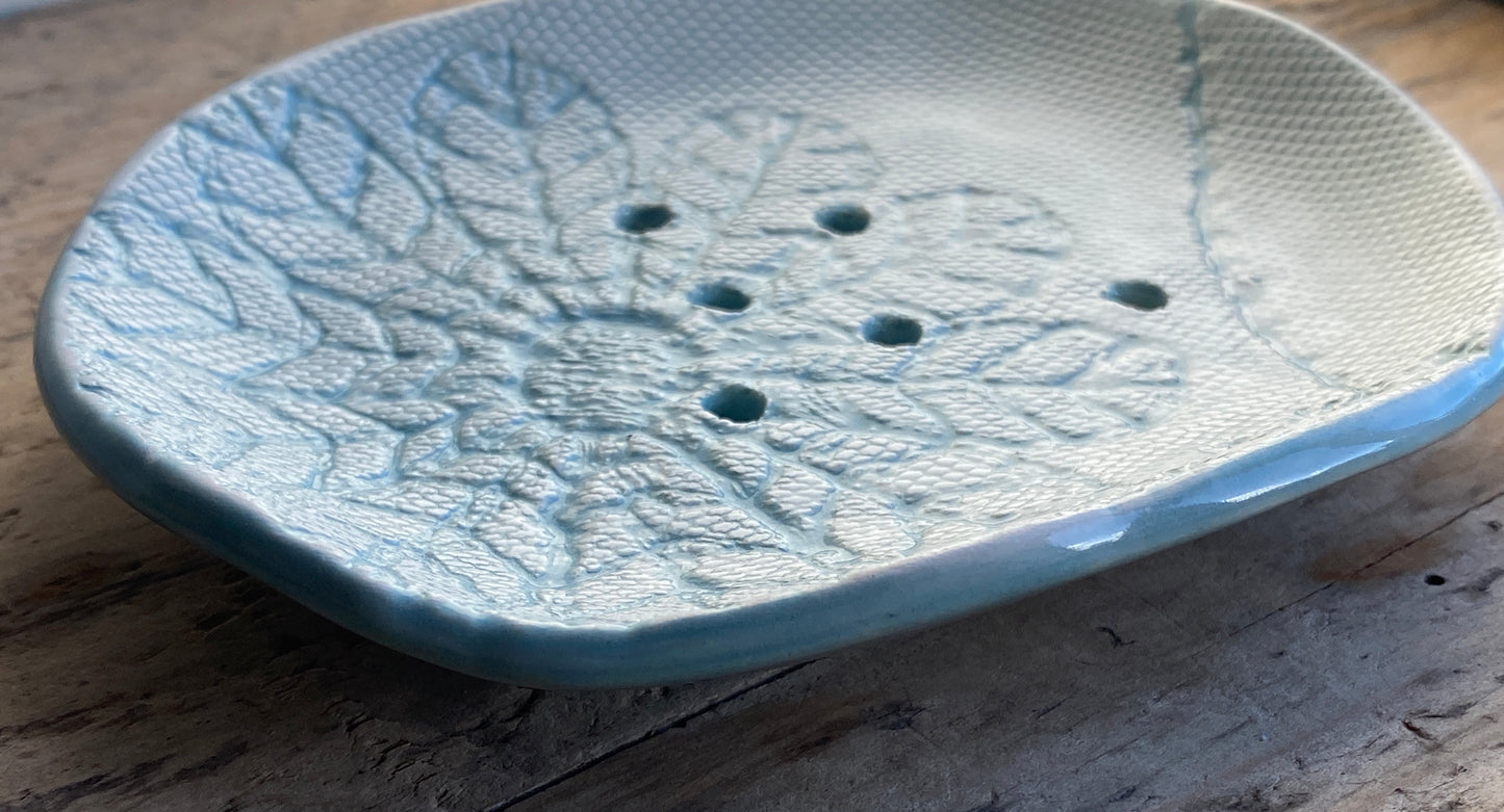 Handmade Oval Soap Dish with Drainage, Soft Sea Green