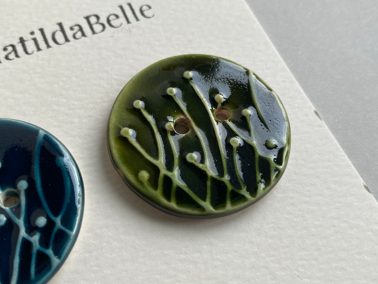 35mm Large Pair of Botanical Handmade Buttons Green & Blue