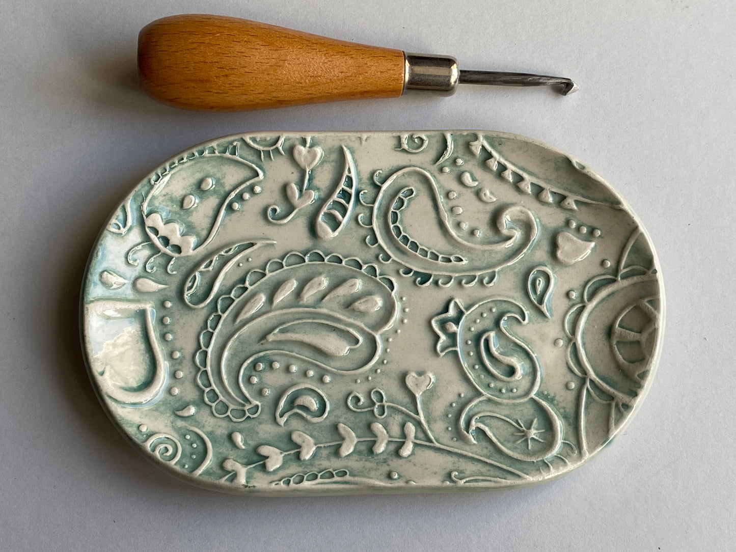Handmade Ceramic Trinket Tray Oval Soft Green