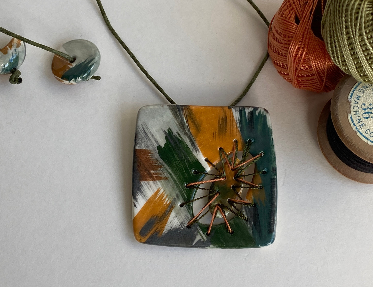 Handmade Ceramic Stitched Pendant Necklace Earthy Tones