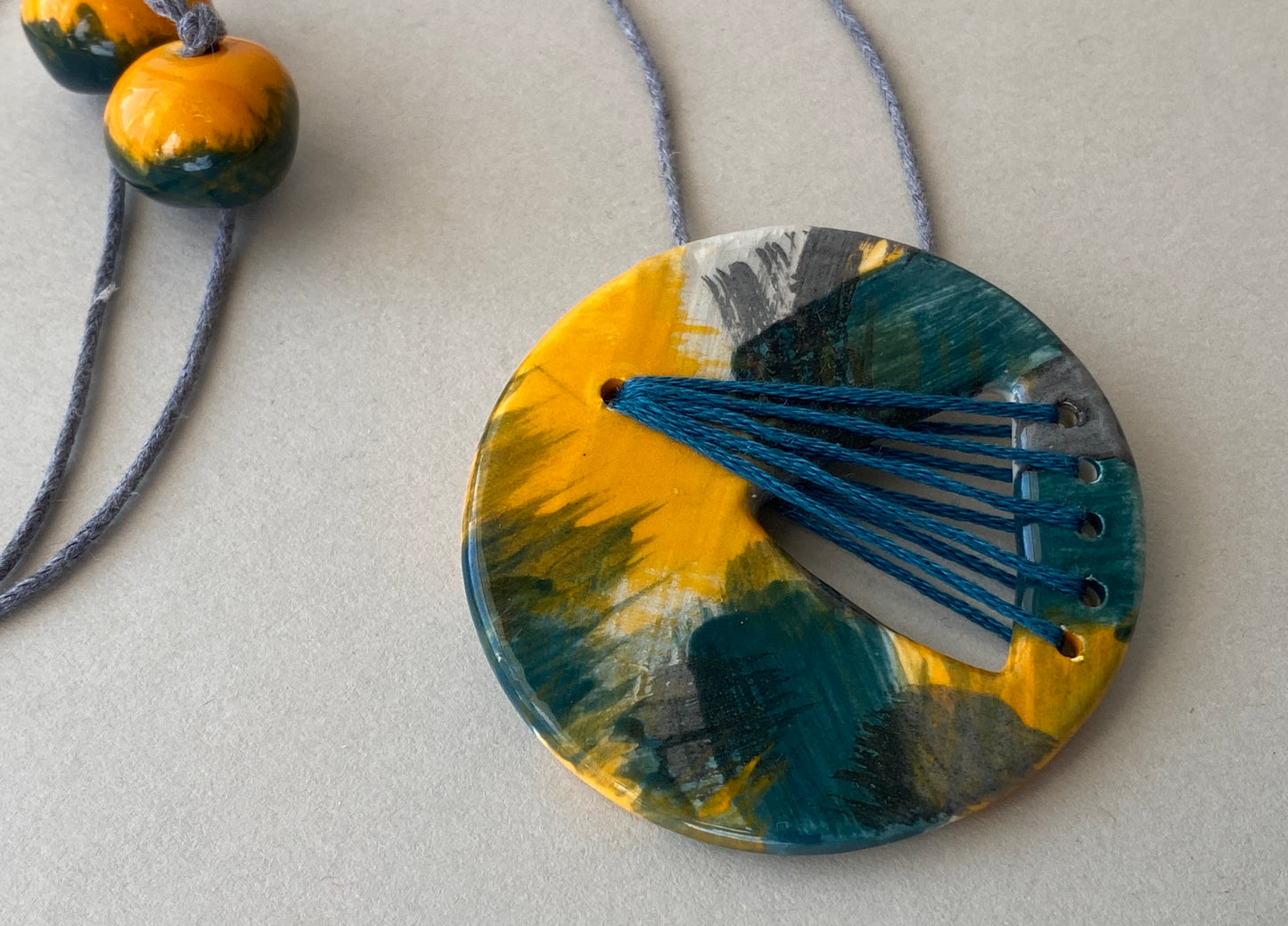 Handmade Ceramic Statement Pendant Necklace Round, Teal and Orange