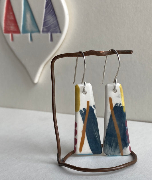 Ceramic painterly Dangle Earrings - Navy Blue Glaze - Handmade Recycled Silver Wires