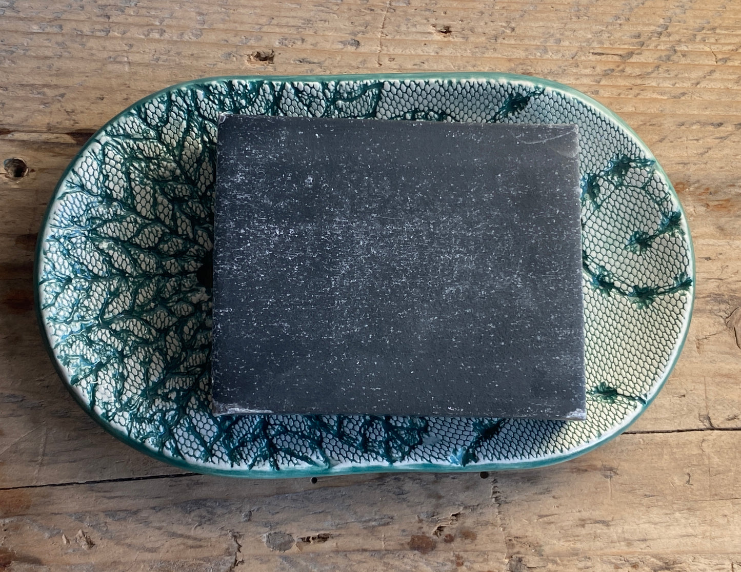 Handmade Green Ceramic Soap Dish with Drainage ,large oval