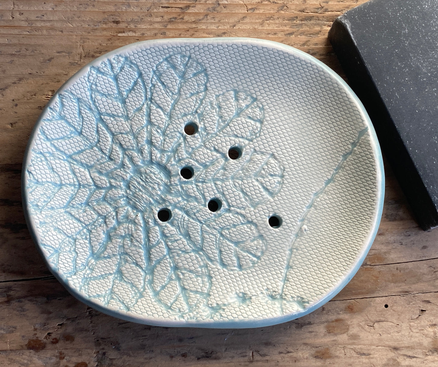 Handmade Oval Soap Dish with Drainage, Soft Sea Green
