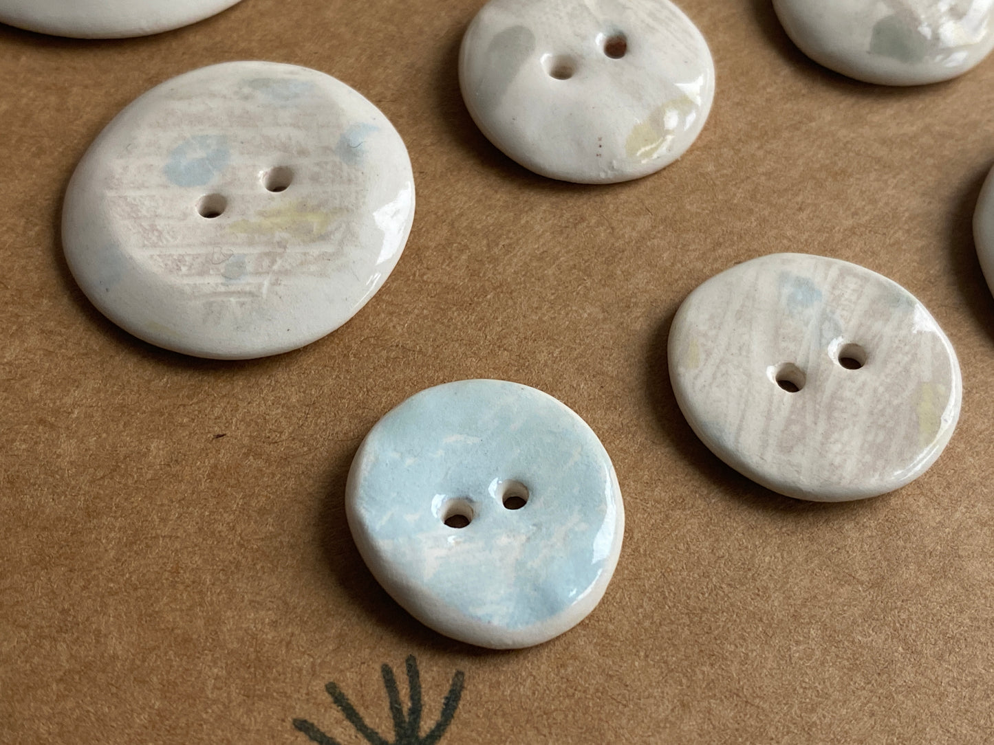 Buttons set of 9,  Mixed size Handmade Mono Printed  Ceramic Buttons