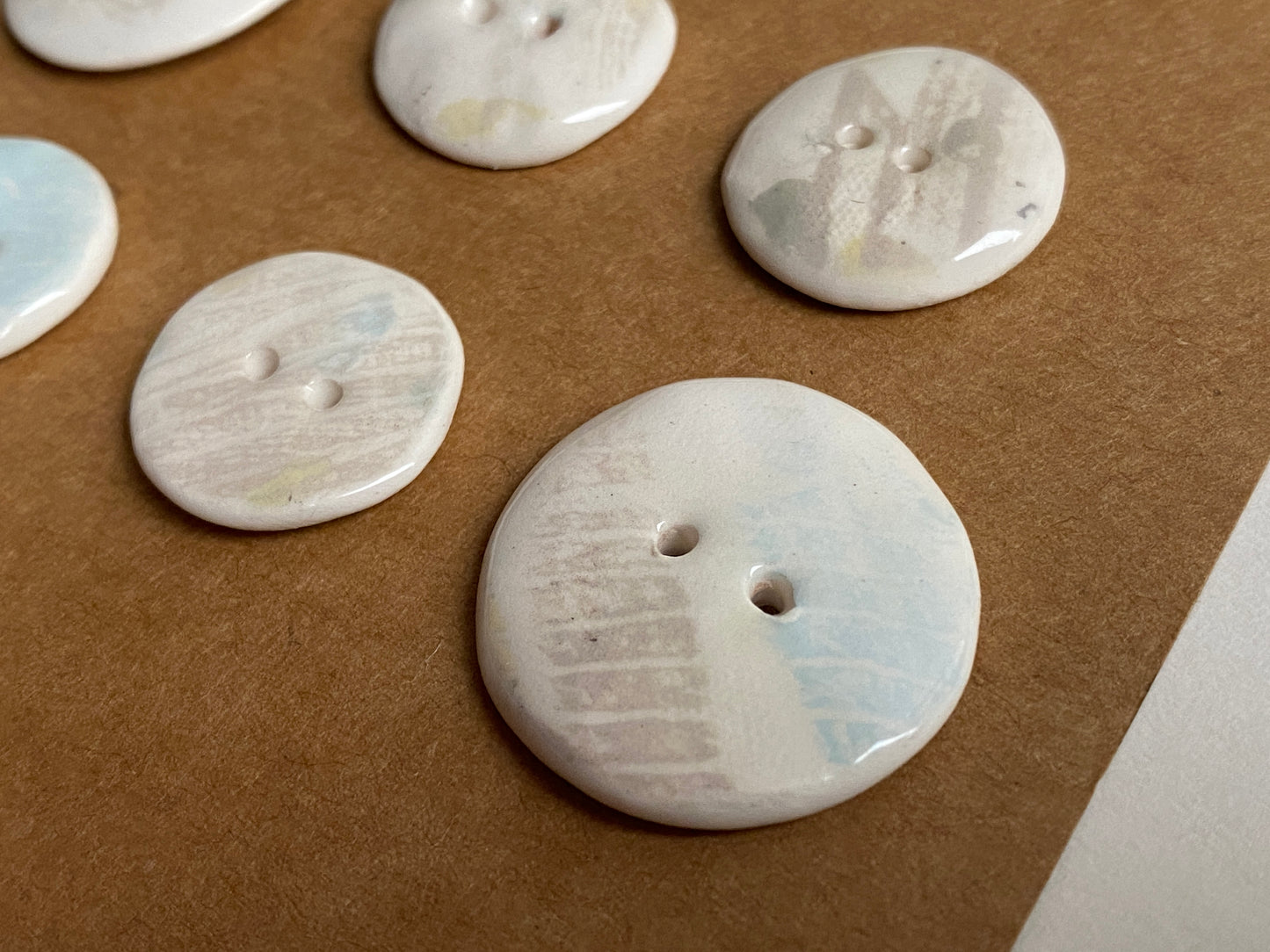 Buttons set of 9,  Mixed size Handmade Mono Printed  Ceramic Buttons
