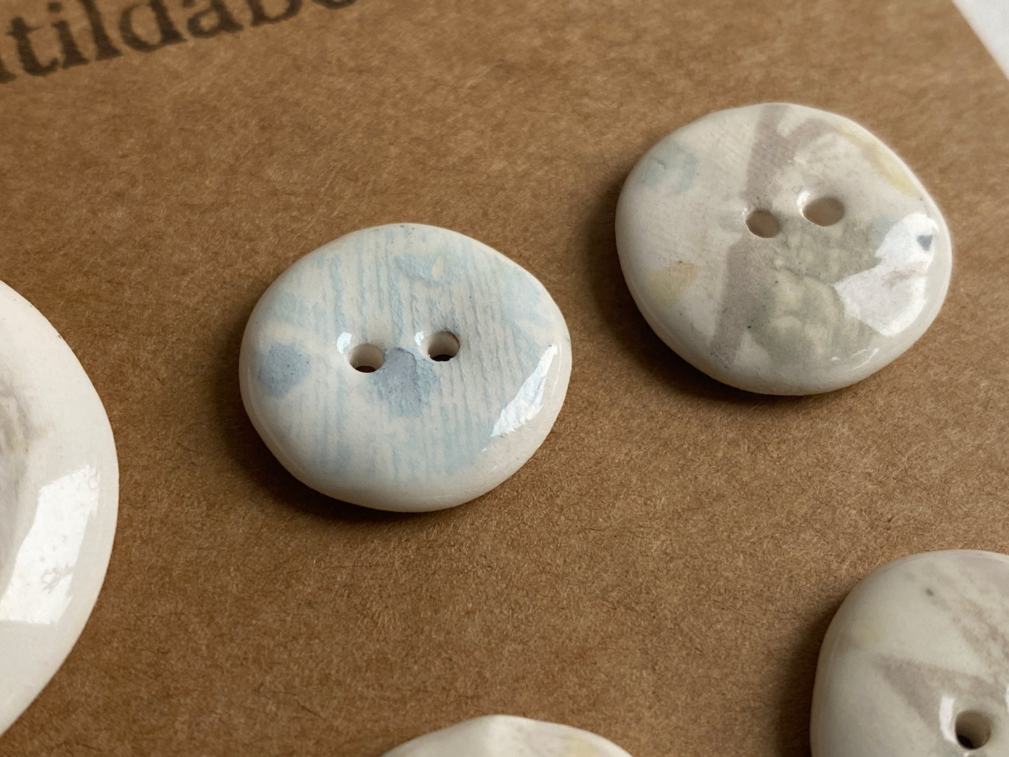 Buttons set of 9,  Mixed size Handmade Mono Printed  Ceramic Buttons