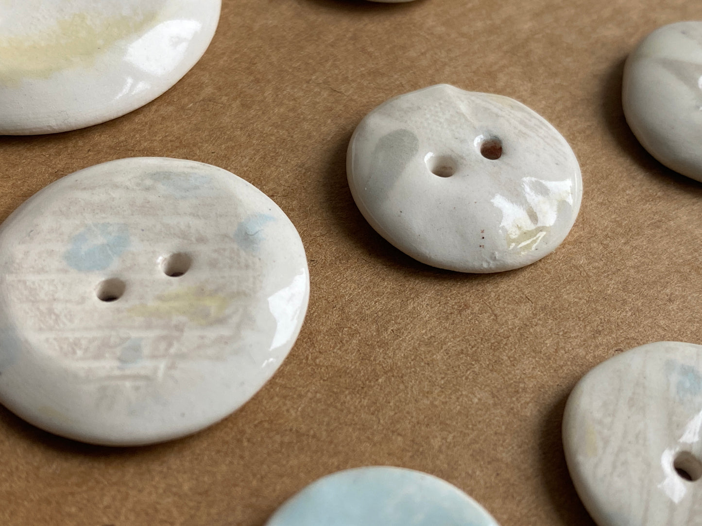 Buttons set of 9,  Mixed size Handmade Mono Printed  Ceramic Buttons